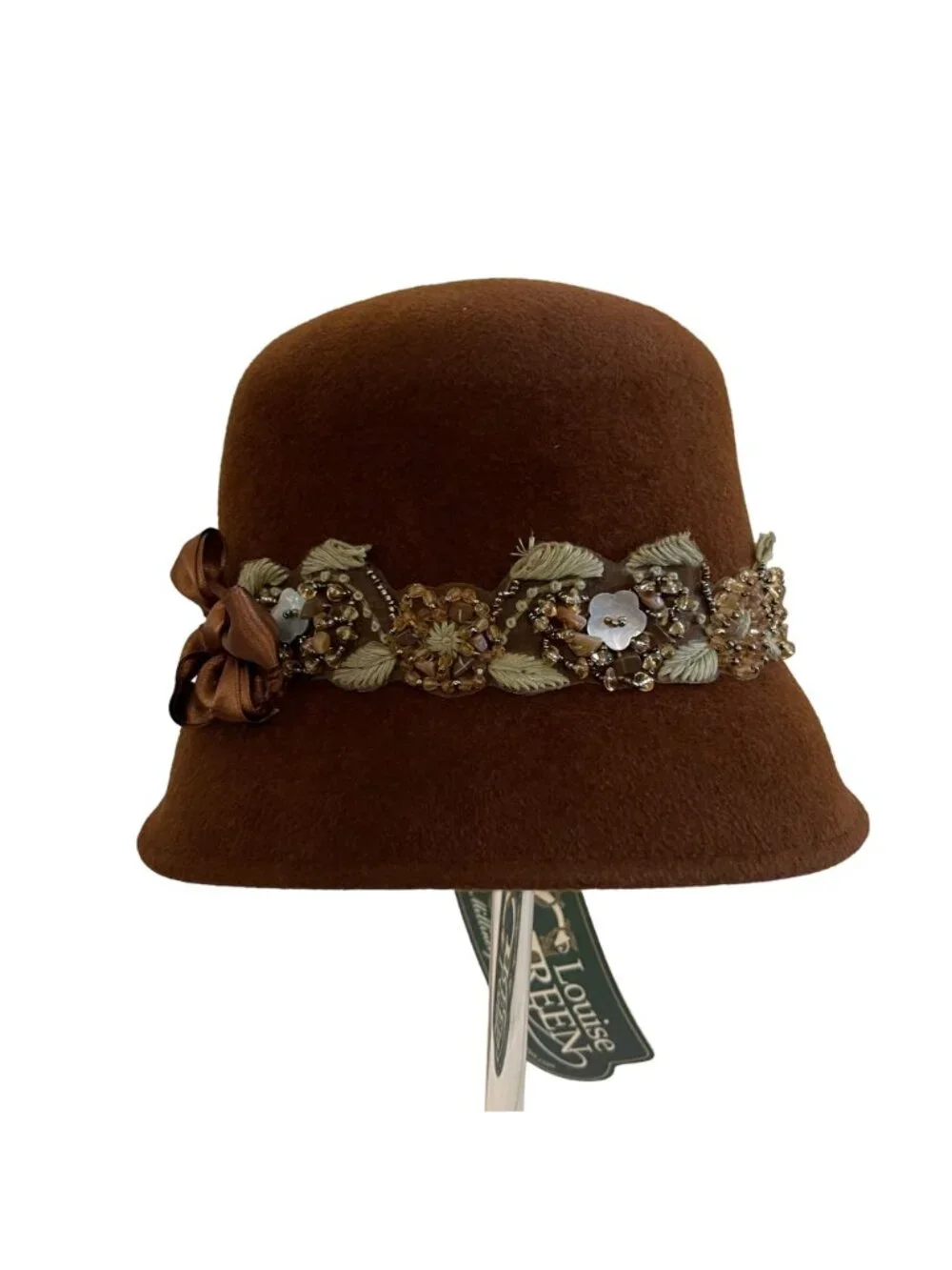 Louise Green Brown Felt Hat With Beaded Floral Trim & Bow Accent